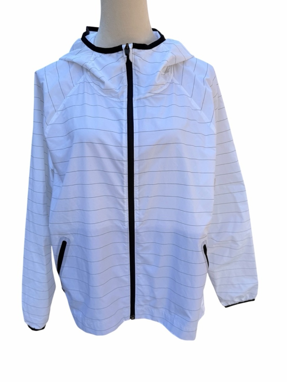 Oakley Women’s Large White Hooded Lightweight Jacket with Black Stripes